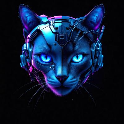The primary subject of the image is a cat with blue eyes, wearing a futuristic headset. The cat's head is prominently featured in the foreground, with the headset covering its face. The setting is a dark background, which contrasts with the bright blue eyes of the cat. The visual style is a digital art or illustration, creating a unique and eye-catching image. The colors and mood of the image are predominantly dark and futuristic, with the blue eyes of the cat